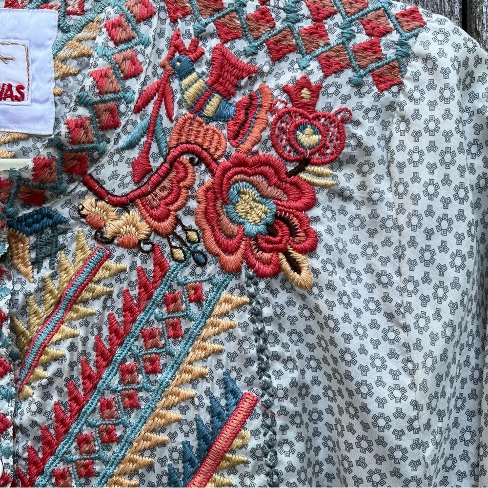 Johnny Was Multicolor Silky Gray Embroidered Blouse - Picture 3 of 6